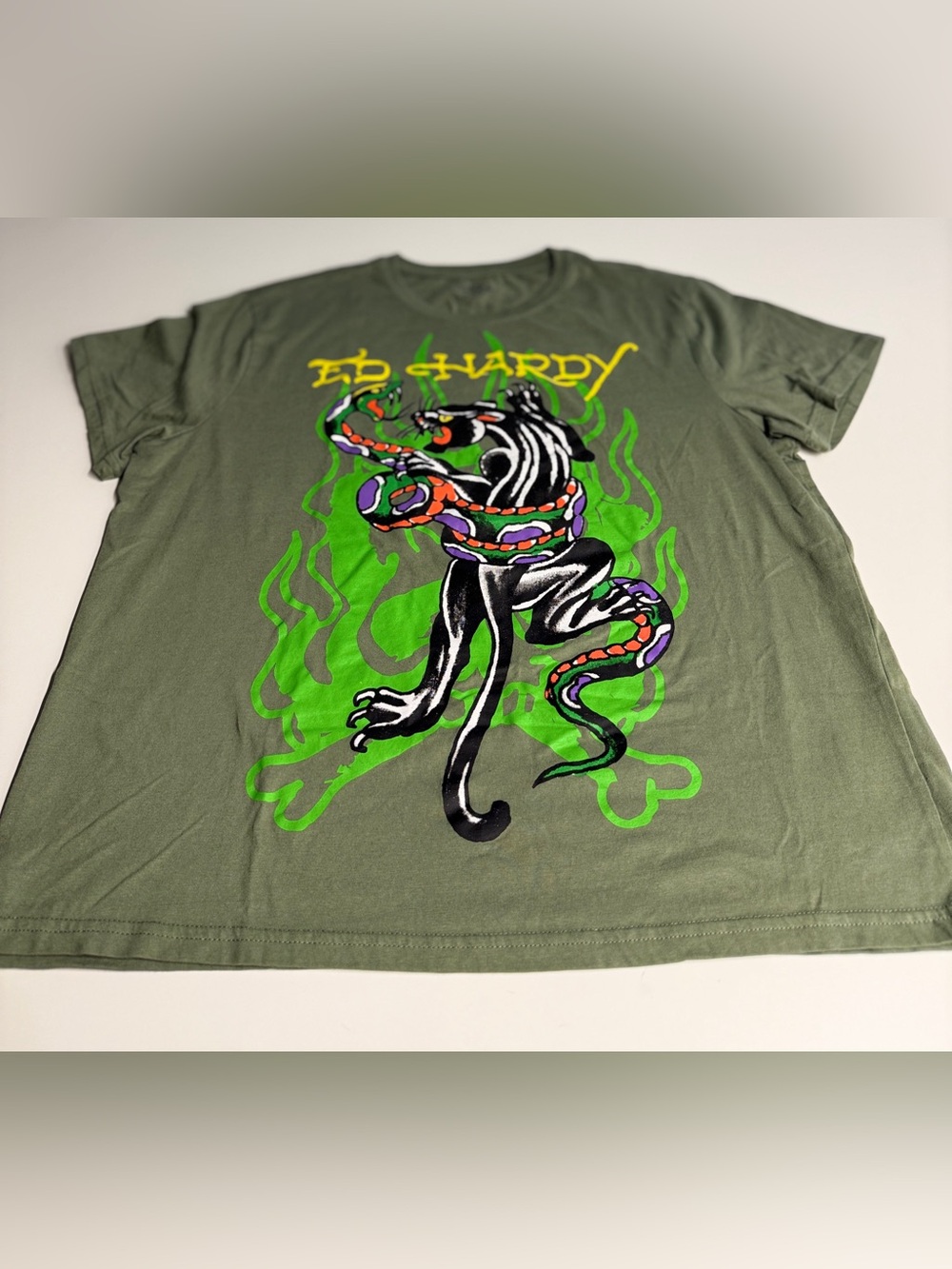Ed Hardy Olive Graphic Tee with Multicolor Reptile Print